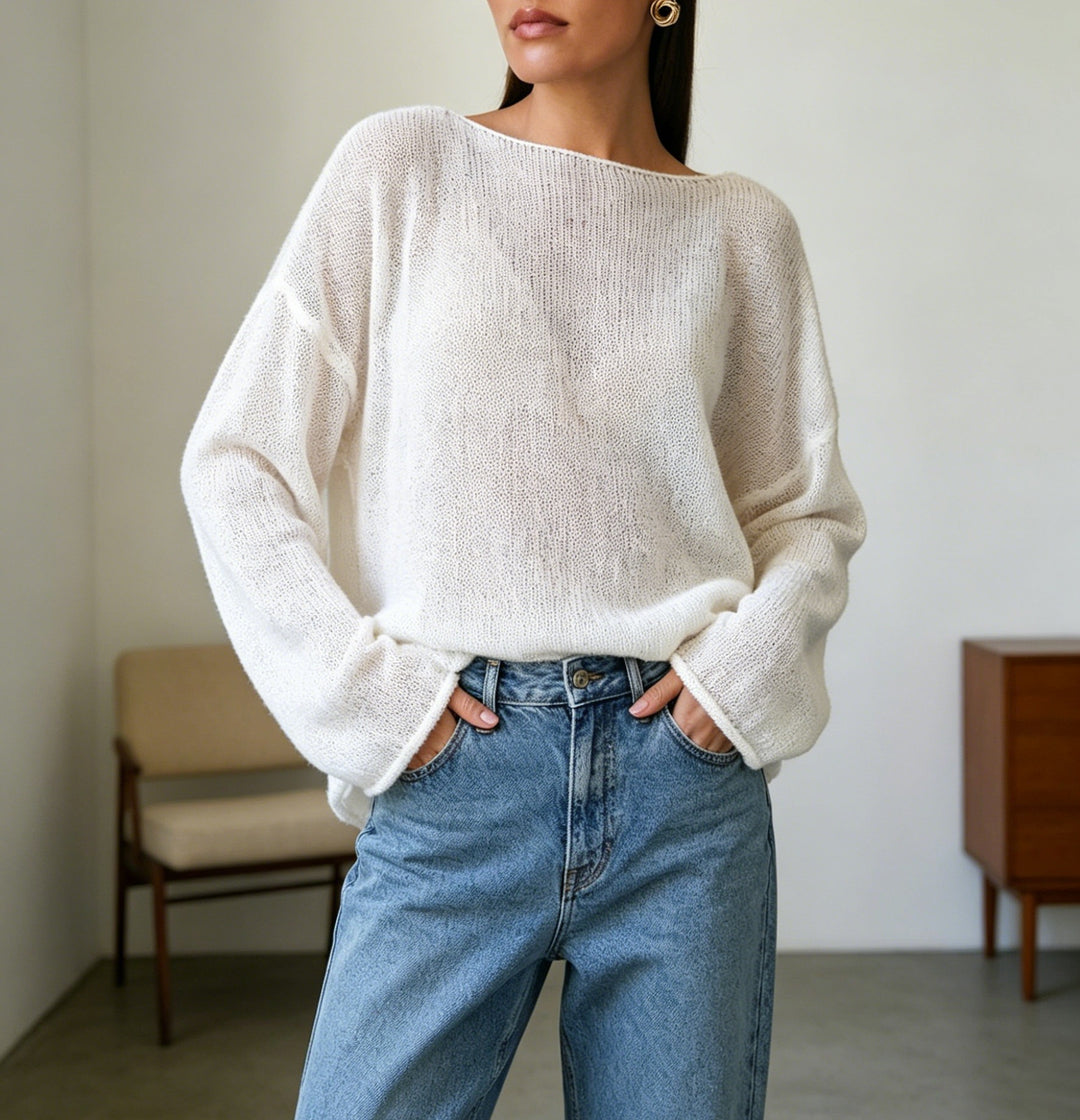 Damen luftiger Oversize-Feinstrickpullover mit weitem Arm und Rundhalsausschnitt Drune