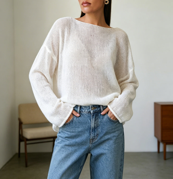 Damen luftiger Oversize-Feinstrickpullover mit weitem Arm und Rundhalsausschnitt Drune