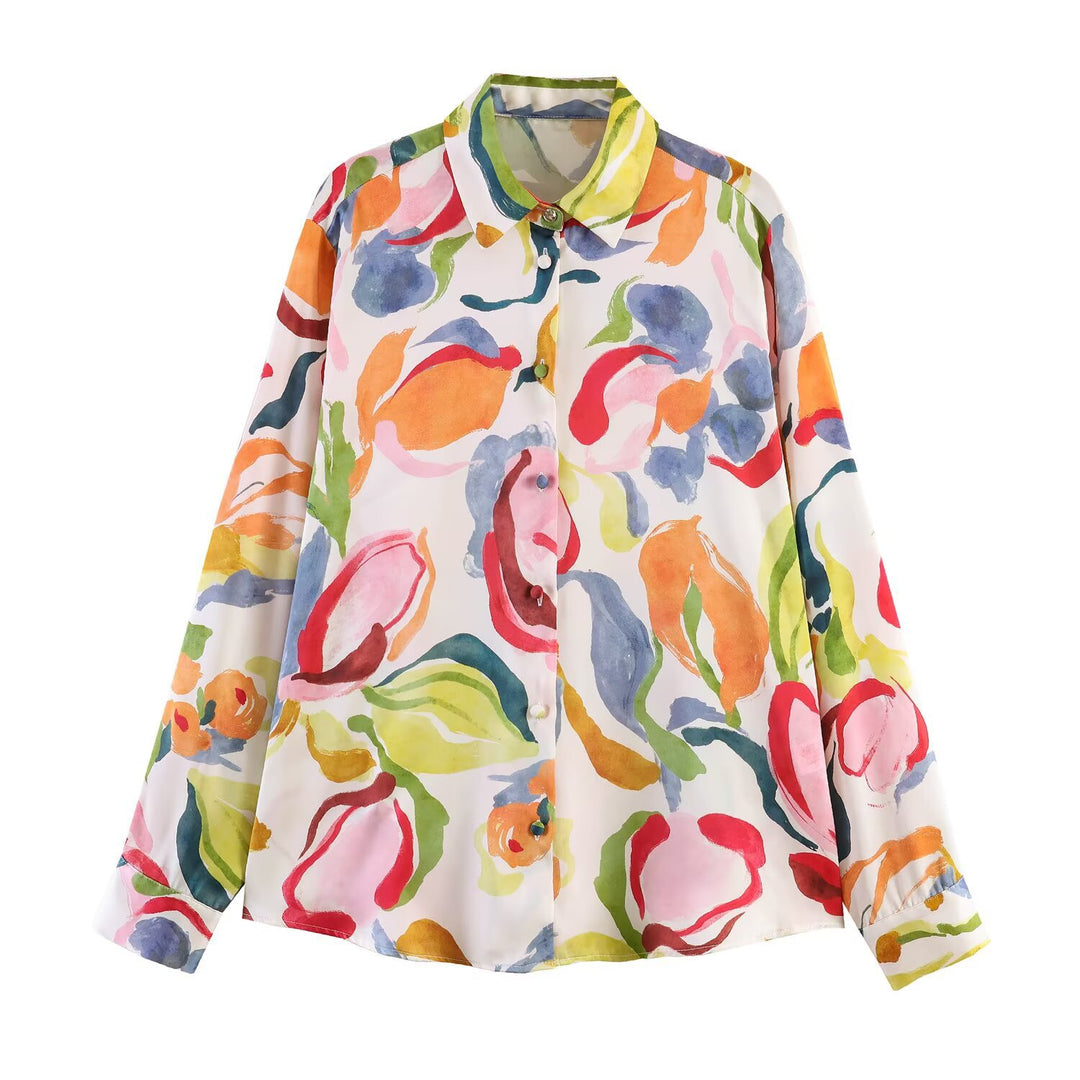 Damen bedruckte Oversize-Bluse mit Hemdkragen und Perlmuttknöpfen Drune