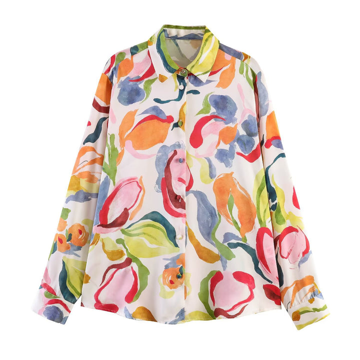 Damen bedruckte Oversize-Bluse mit Hemdkragen und Perlmuttknöpfen Drune