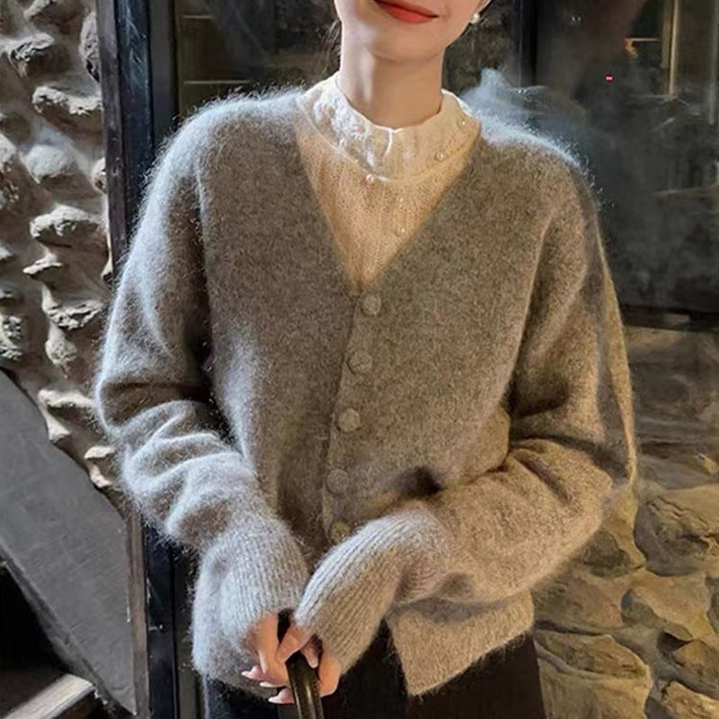 Damen Strickjacke mit tiefem V-Ausschnitt und weich fließendem Material Drune