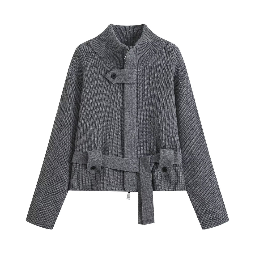 Damen Kurzgestrickte Taillierte Strickjacke mit Stehkragen und Taillengurt Drune