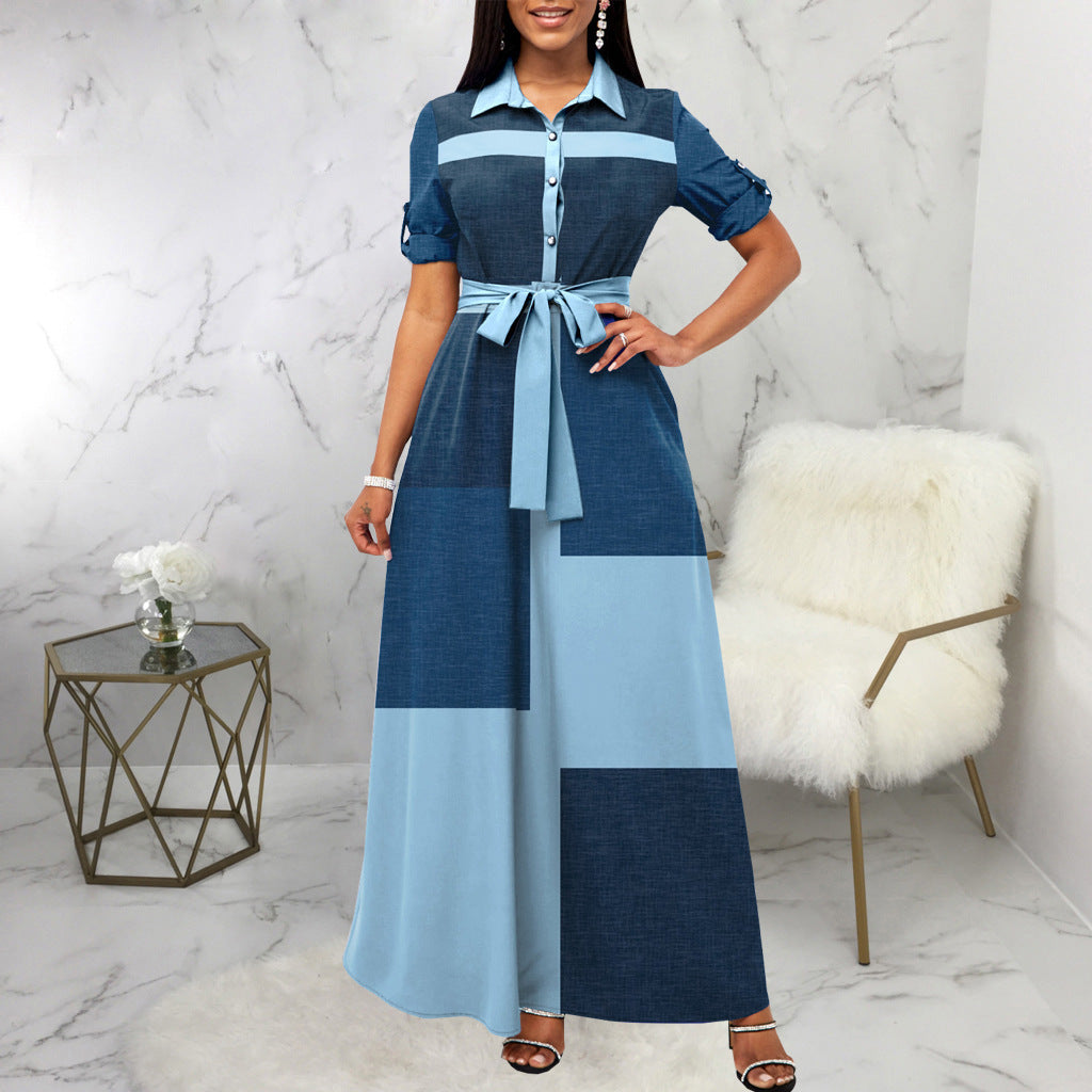 Damen Maxikleid Hemdblusenstil mit Taillengürtel und Blockpatch-Design Drune