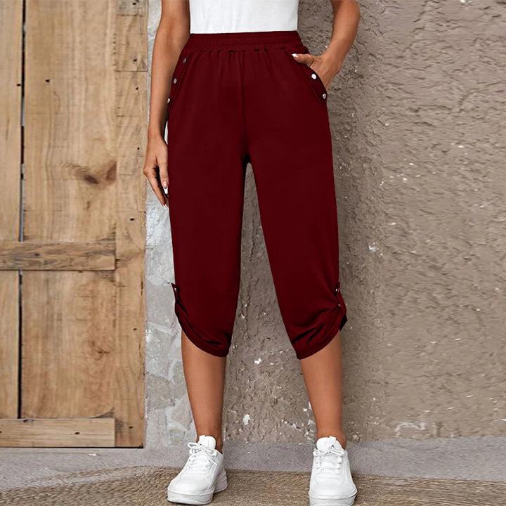 Damen nan lässige dreiviertellange Hose mit elastischem Bund, Eingrifftaschen und krempelbarem Saum Drune