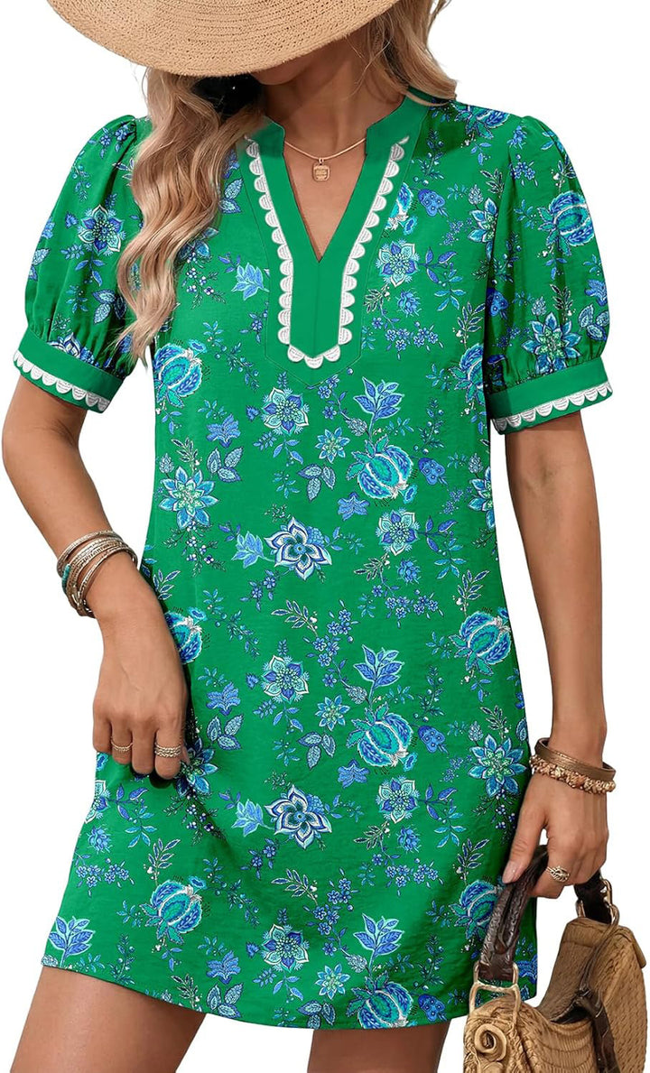 Damen Lockeres A-Linien Minikleid mit Puffärmeln, V‑Notch und kontrastierter Zierborte Drune