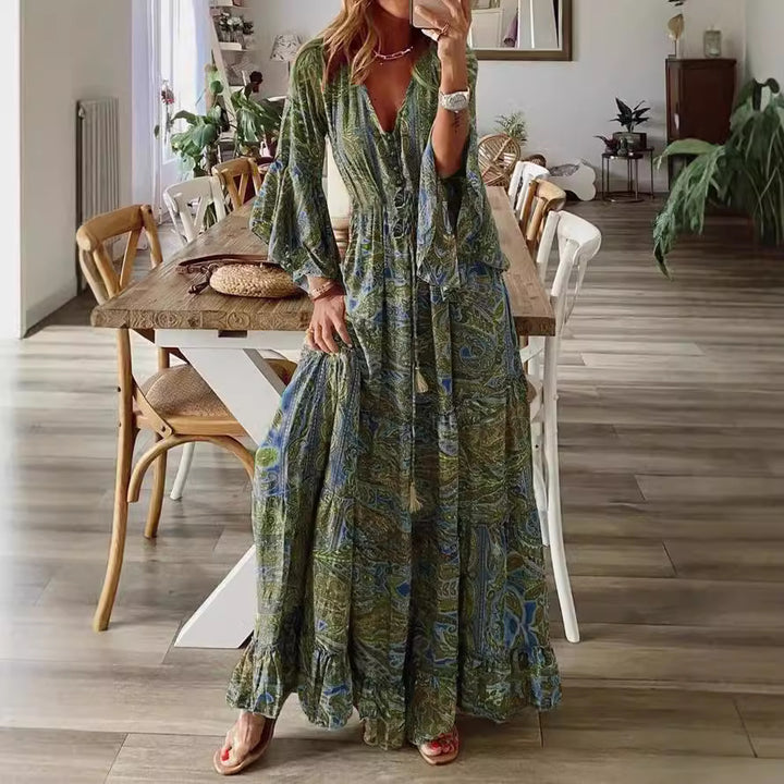 Damen Boho Maxikleid mit Paisley-Print, V-Ausschnitt, Stufenrock und Bindegürtel Drune