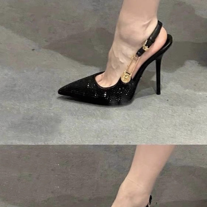 Damen Slingback‑Pumps mit spitzer Zehenform, sculpted Metall‑Ferse und Schmuckdetail Drune
