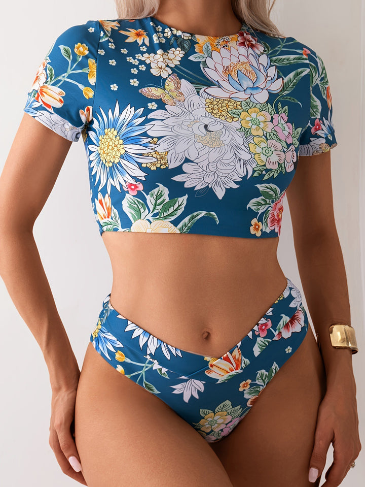 Damen Crop-Top Bade-Set mit floralem Design und hohem Beinausschnitt Drune