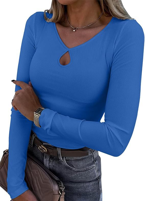 Damen Tailliertes geripptes Langarmshirt mit V-Ausschnitt und Tropfen-Cut-Out Drune