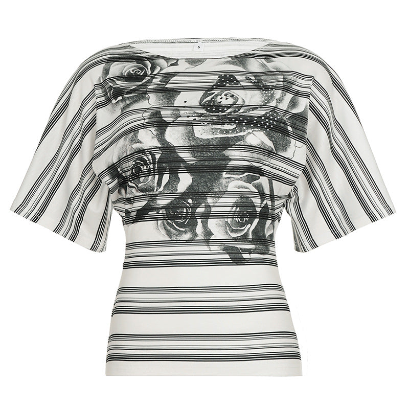 Damen T-Shirt mit floralem Druck und gestreiftem Design Drune