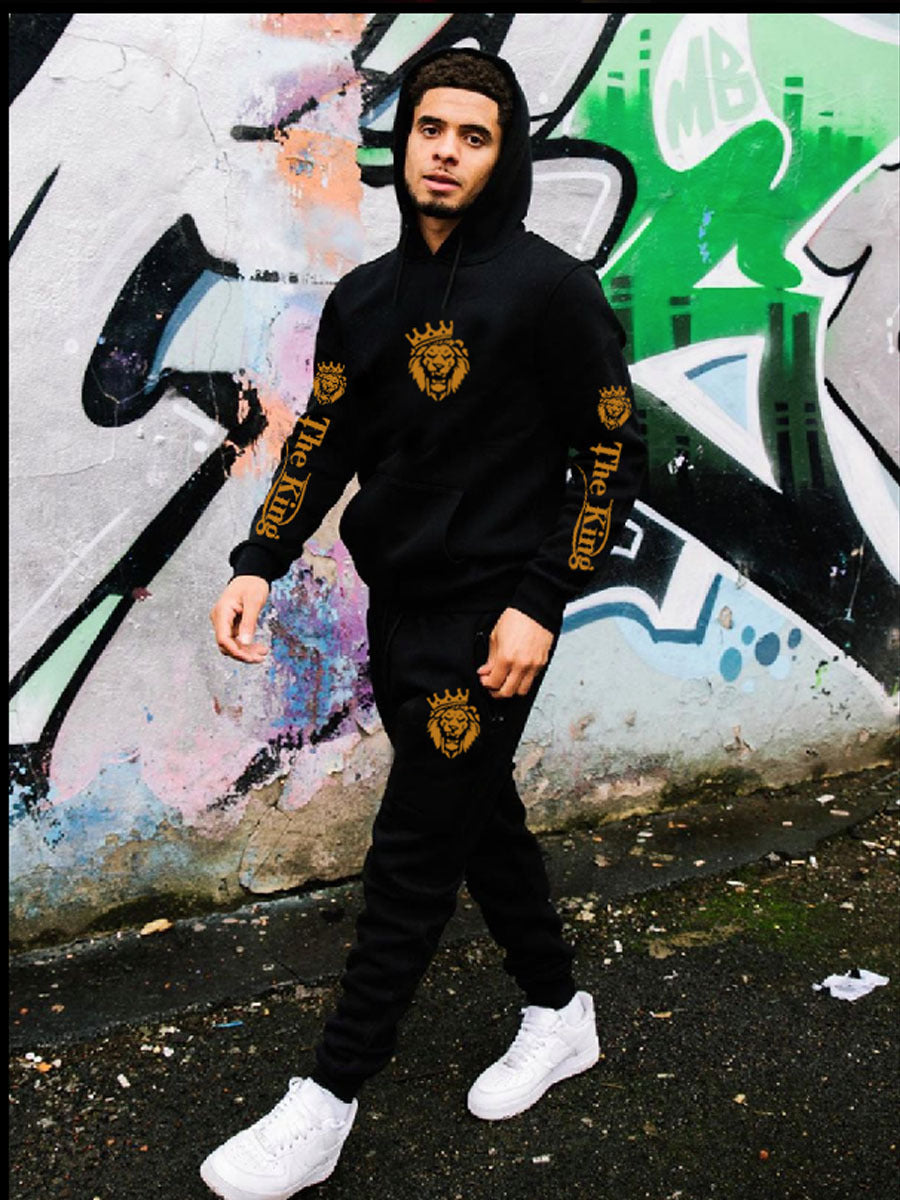 Herren Sportliches Kapuzenpulli und Jogginghose Set mit Königsmotiv Drune