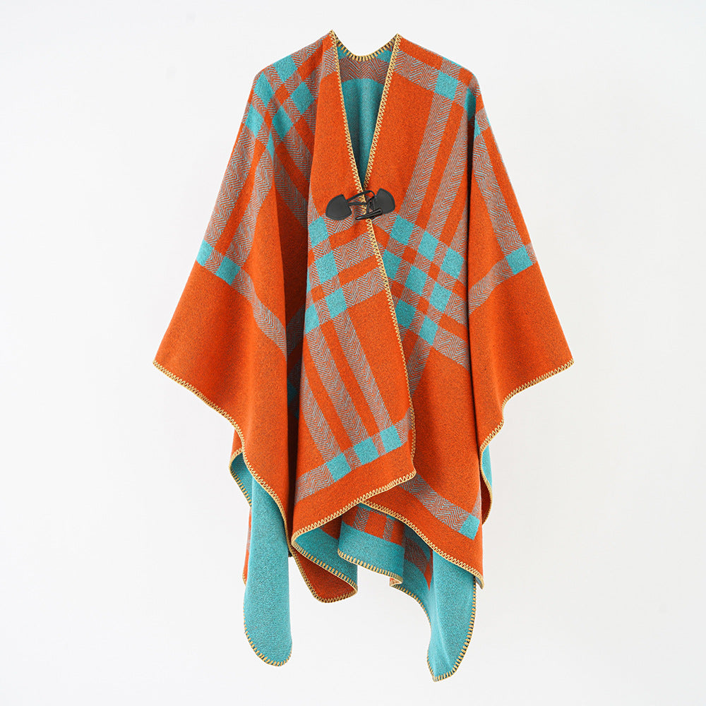 Damen Reversibler Wollmix-Poncho mit Knebelverschluss und Karomuster Drune