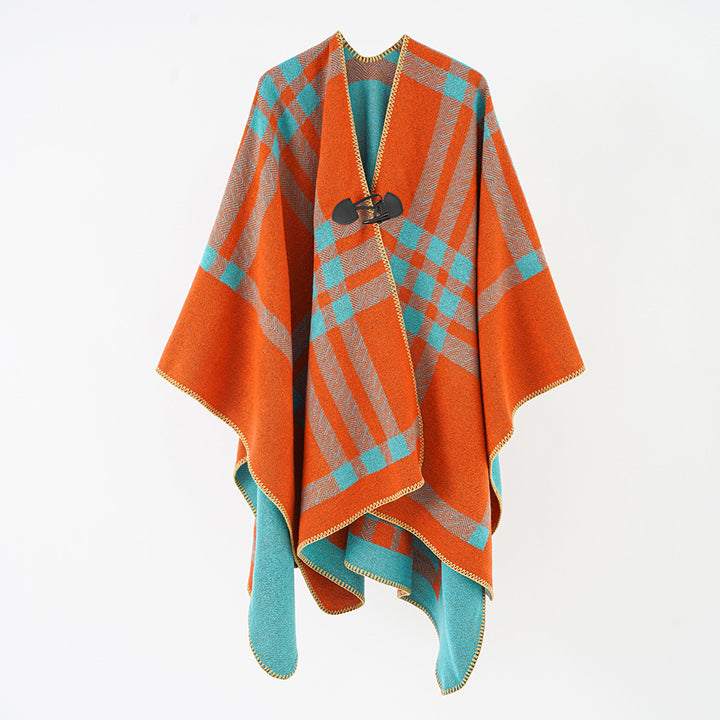 Damen Reversibler Wollmix-Poncho mit Knebelverschluss und Karomuster Drune