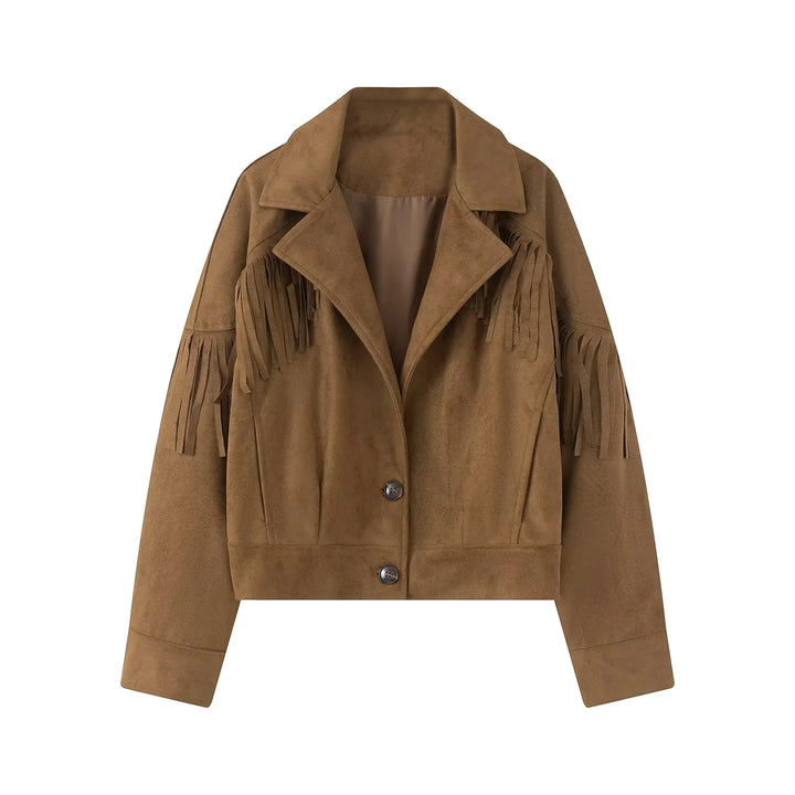 Damen nan kurze Wildlederoptik Fransenjacke mit Reverskragen und verdeckter Knopfleiste Drune