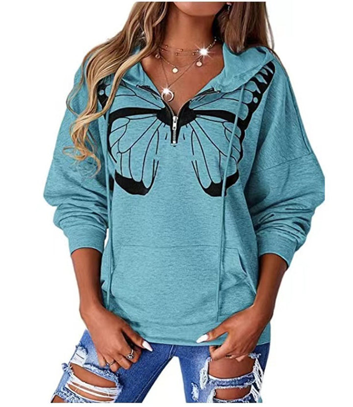 Damen Kapuzenpullover mit halbhohem Reißverschluss und Schmetterlingsprint Drune