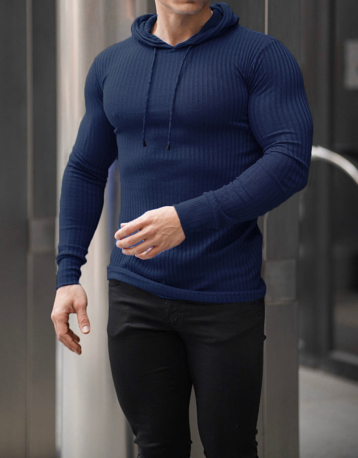 Herren eng anliegendes Rippstrick-Kapuzenlongsleeve mit Slim-Fit und Elastikanteil Drune