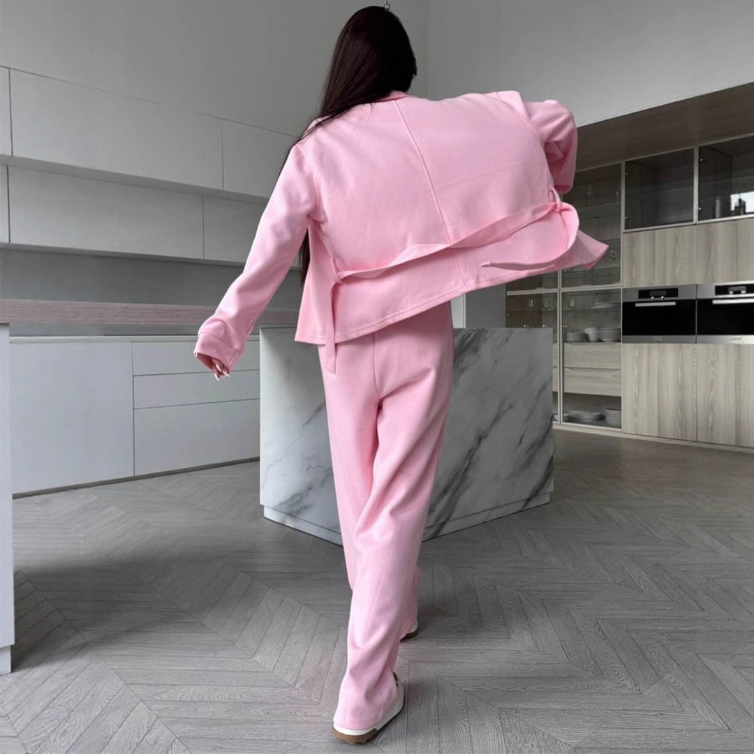Damen Zweiteiliges Loungewear-Set mit tailliertem Blouson, Bindegürtel und weiter Palazzo-Hose Drune