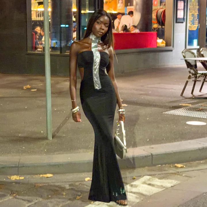 Damen Elegantes Abendkleid mit schmalem Schnitt und glänzenden Akzenten Drune