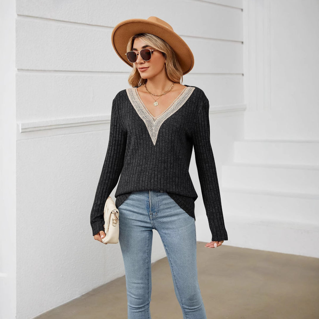 Damen Strickpullover mit V-Ausschnitt und romantischer Spitze Drune
