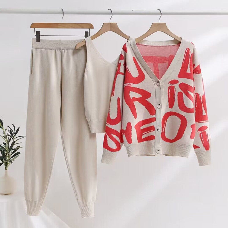 Damen gemütliches Strick-Loungewear-Set mit Dekorativem Schriftzug Drune