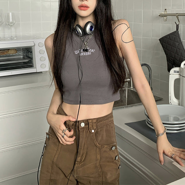 Damen-Crop-Top mit hohem Kragen und dezentem Schriftzug Drune