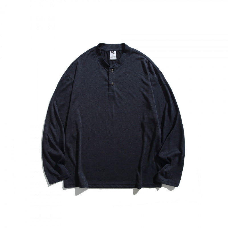 Unisex Lockere Henley-Longsleeve mit Stehkragen und Waffelstruktur Drune