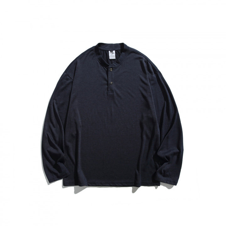 Unisex Lockere Henley-Longsleeve mit Stehkragen und Waffelstruktur Drune