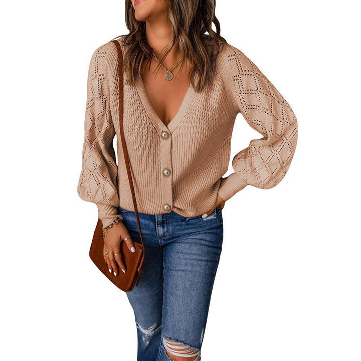 Damen Strickcardigan mit V-Ausschnitt, Zierknopfleiste und Ajourballonärmeln Drune