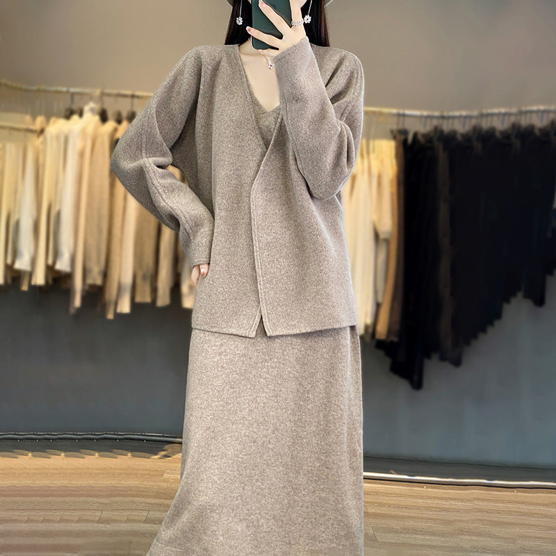 Damen gemustertes Strickkleid mit V-Ausschnitt und lässigem Schnitt Drune