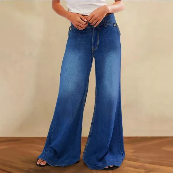 Damen High-Waist Denim-Palazzo-Hose mit fließendem Tellerfall und weitem Bein Drune