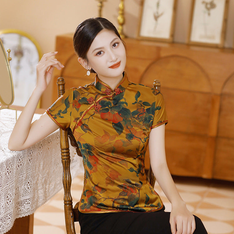 Damen Chinesische Seidenbluse mit floralem Muster Drune