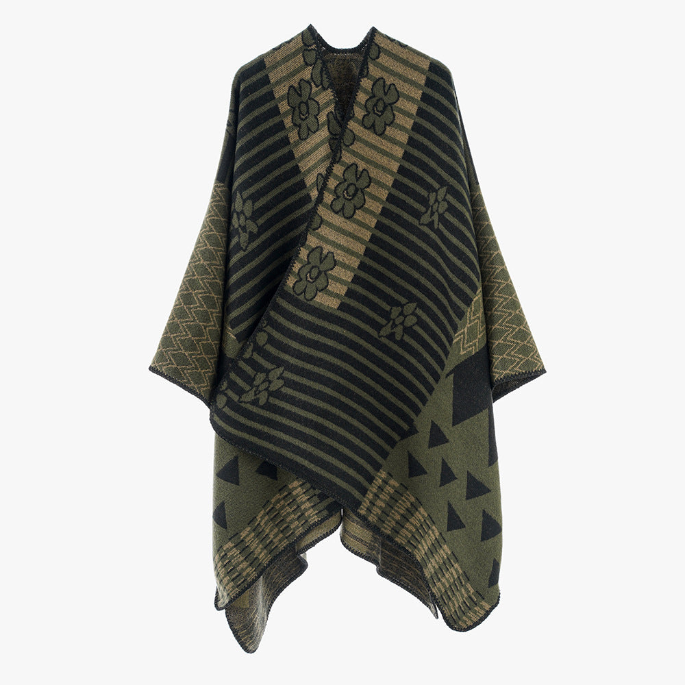 Damen Vielseitiger Strickponcho im Patchwork-Jacquard mit V-Ausschnitt und asymmetrischem Zipfelsaum Drune