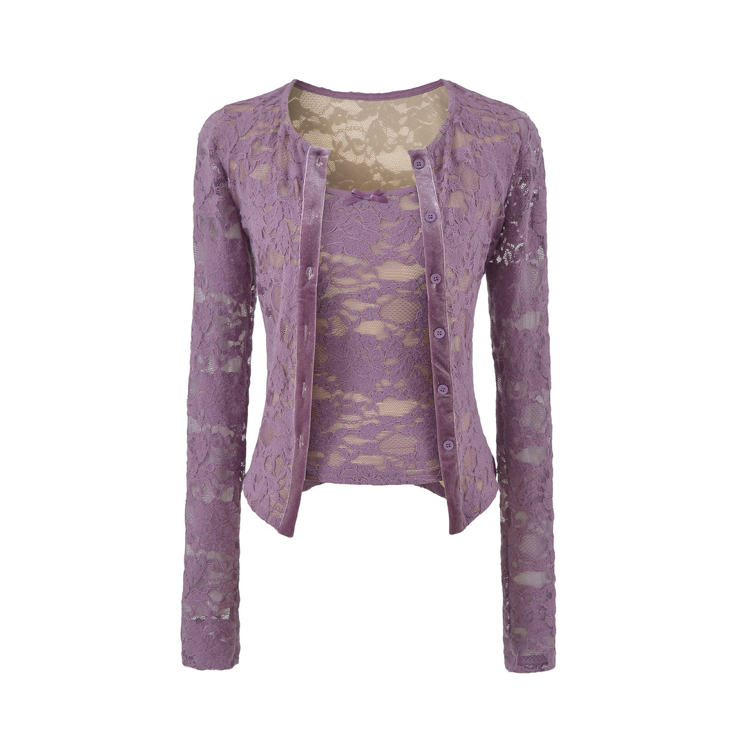 Damen Feiner Spitzen-Cardigan mit passendem Untertop und Samtbesatz Drune