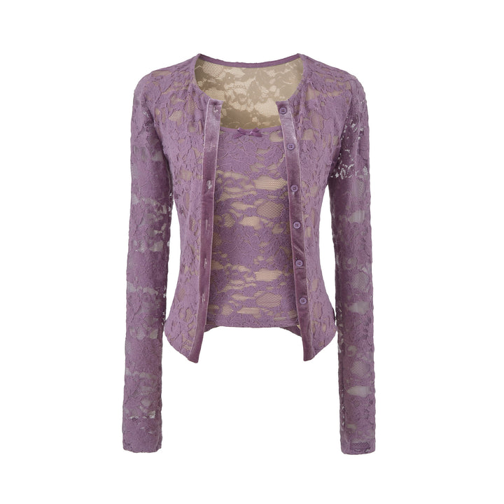 Damen Feiner Spitzen-Cardigan mit passendem Untertop und Samtbesatz Drune