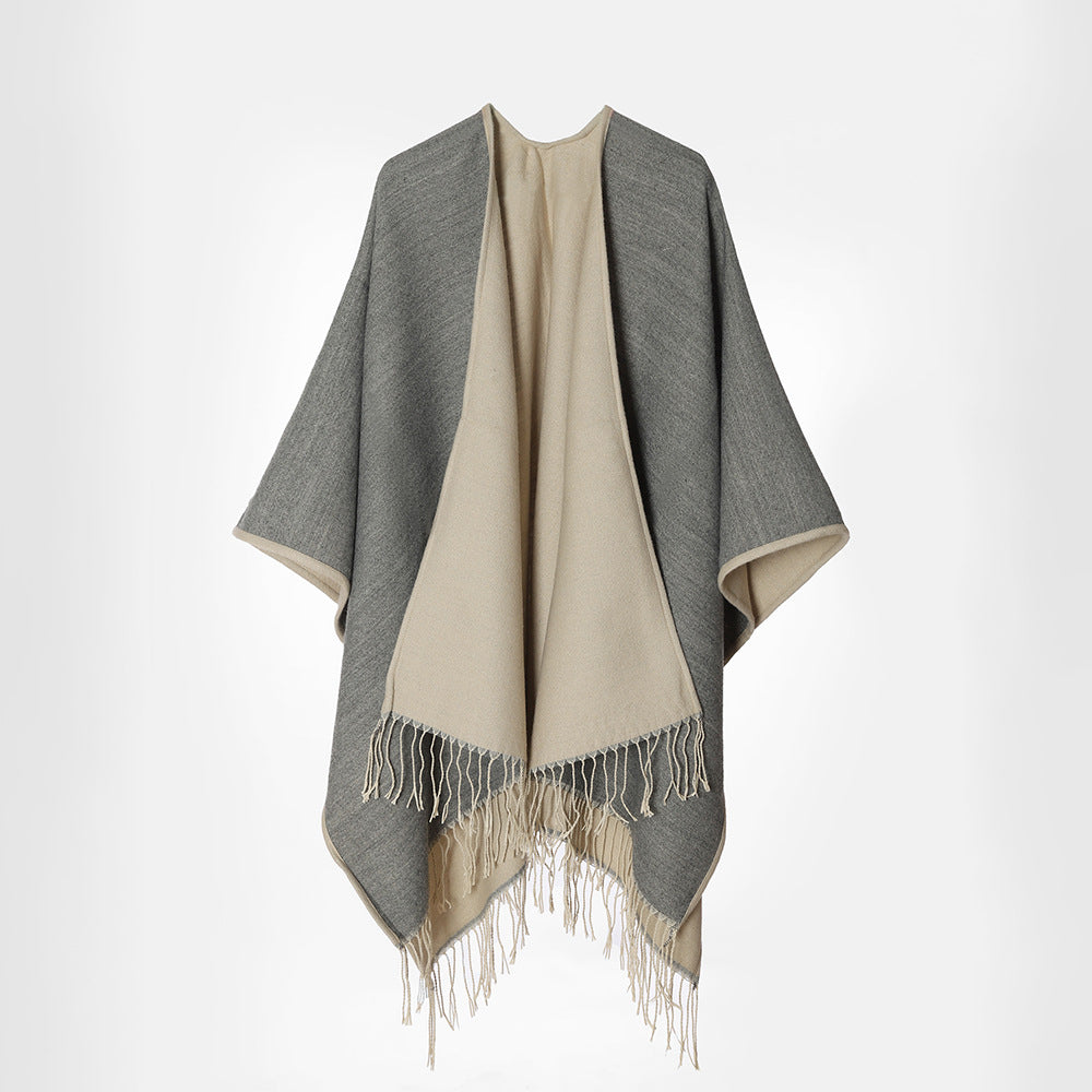 Damen Reversibler Capeponcho im Layer‑Look mit Fransen und kastigem Oversize‑Fall Drune