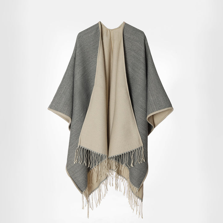 Damen Reversibler Capeponcho im Layer‑Look mit Fransen und kastigem Oversize‑Fall Drune