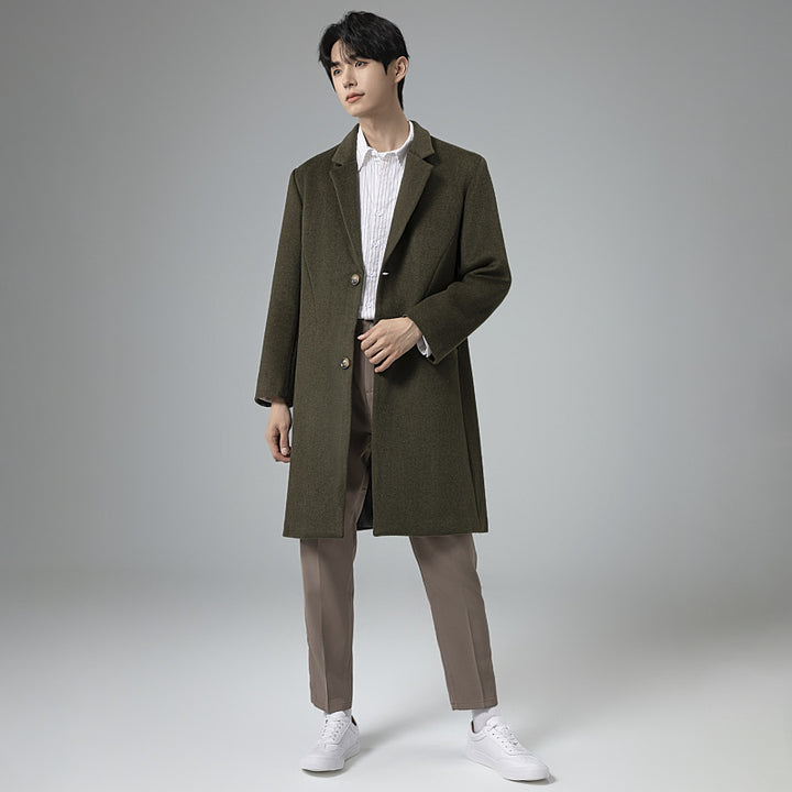 Herren Eleganter Longline-Wollmantel mit minimalistischem Revers und taillierter Silhouette Drune
