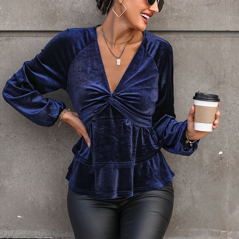 Damen Samtbluse mit tiefem V-Ausschnitt, Twist-Detail und zweistufigem Volant Drune