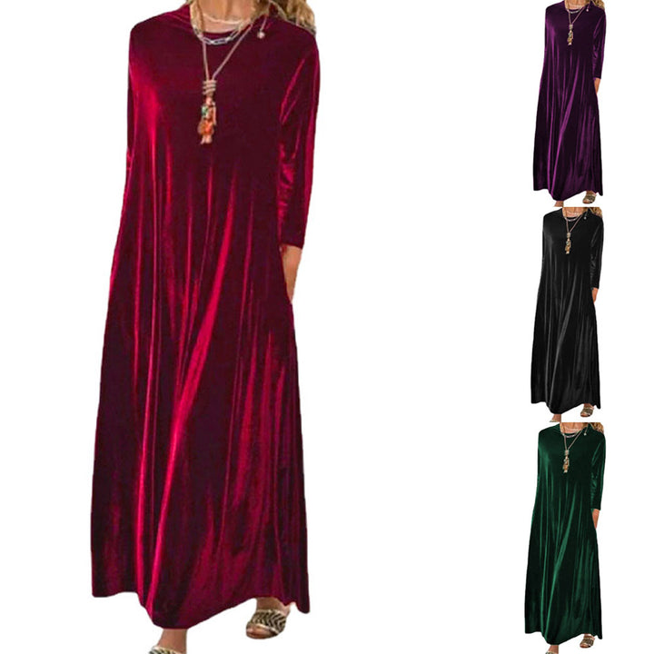 Damen Langes samtiges Maxikleid mit Rundhalsausschnitt, halblangen Ärmeln und seitlichen Taschen Drune