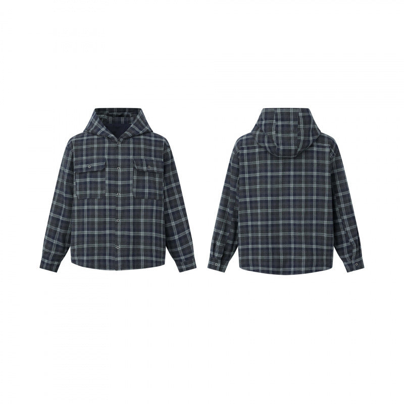 Unisex Kastenförmiges Kapuzen-Overshirt aus Flanell mit aufgesetzten Pattentaschen Drune