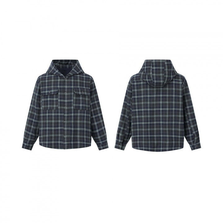 Unisex Kastenförmiges Kapuzen-Overshirt aus Flanell mit aufgesetzten Pattentaschen Drune