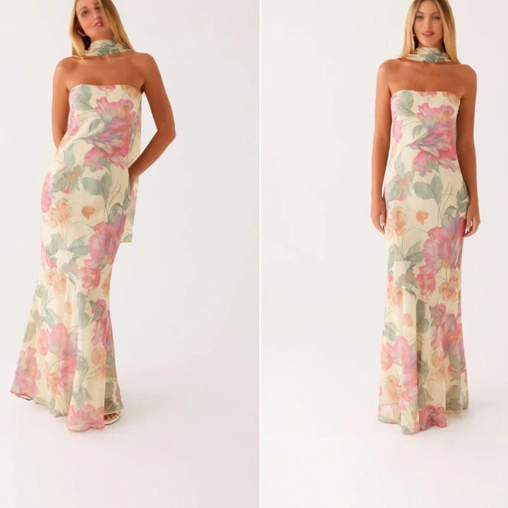 Damen Elegantes Langarm Abendkleid im Blumendesign Drune