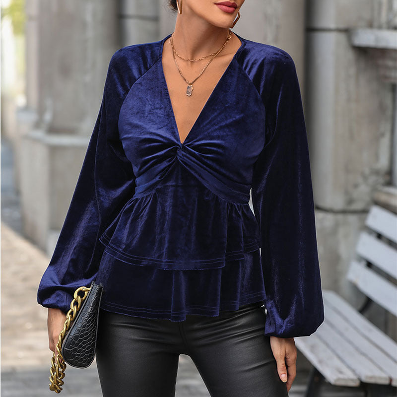 Damen Samtbluse mit tiefem V-Ausschnitt, Twist-Detail und zweistufigem Volant Drune