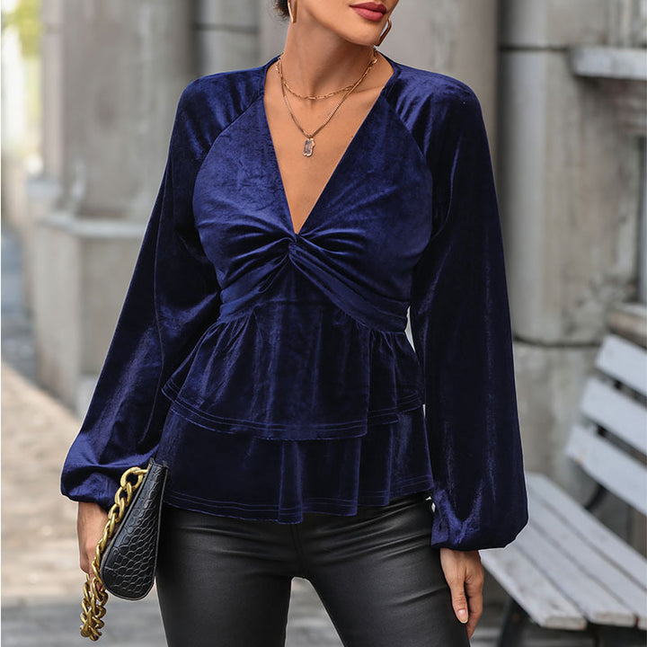 Damen Samtbluse mit tiefem V-Ausschnitt, Twist-Detail und zweistufigem Volant Drune