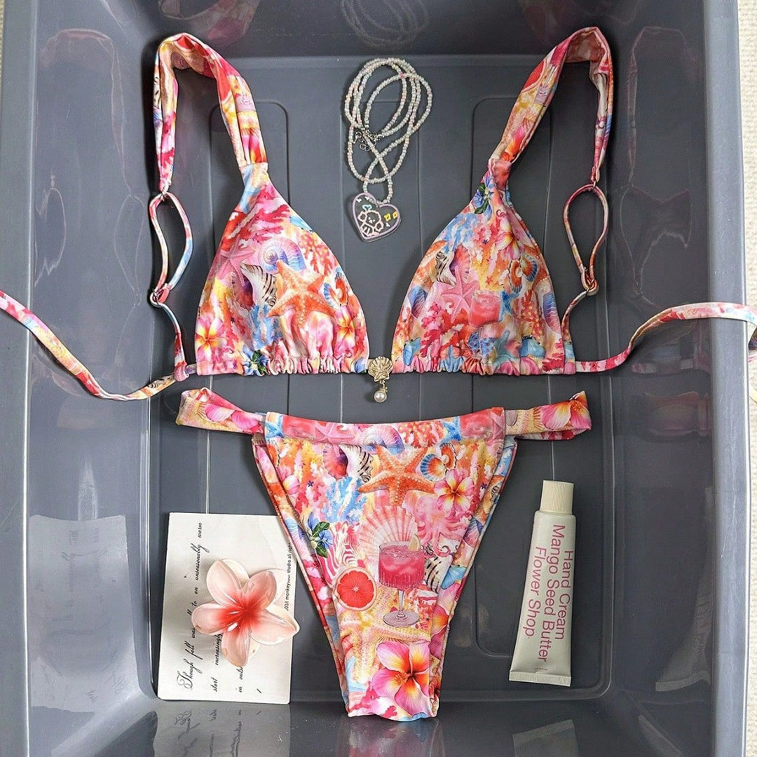 Damen Floral-Design Triangel-Bikini mit verstellbaren Trägern Drune