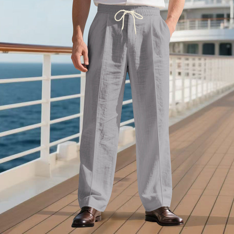 Herren nan legere Leinen-Bundfaltenhose mit elastischem Bund und Kordelzug Drune