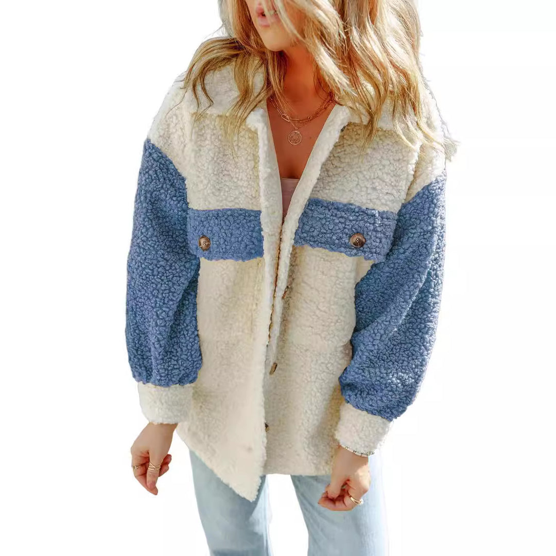 Damen nan oversized Teddy-Hemdjacke mit Kontraststreifen, aufgesetzten Brusttaschen und sichtbarer Knopfleiste Drune