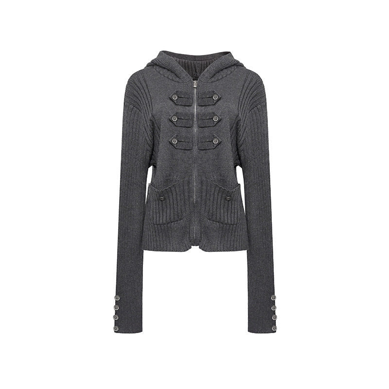 Damen gerippte Kapuzen-Strickjacke mit Reißverschluss, Zierknopfleisten und aufgesetzten Taschen Drune