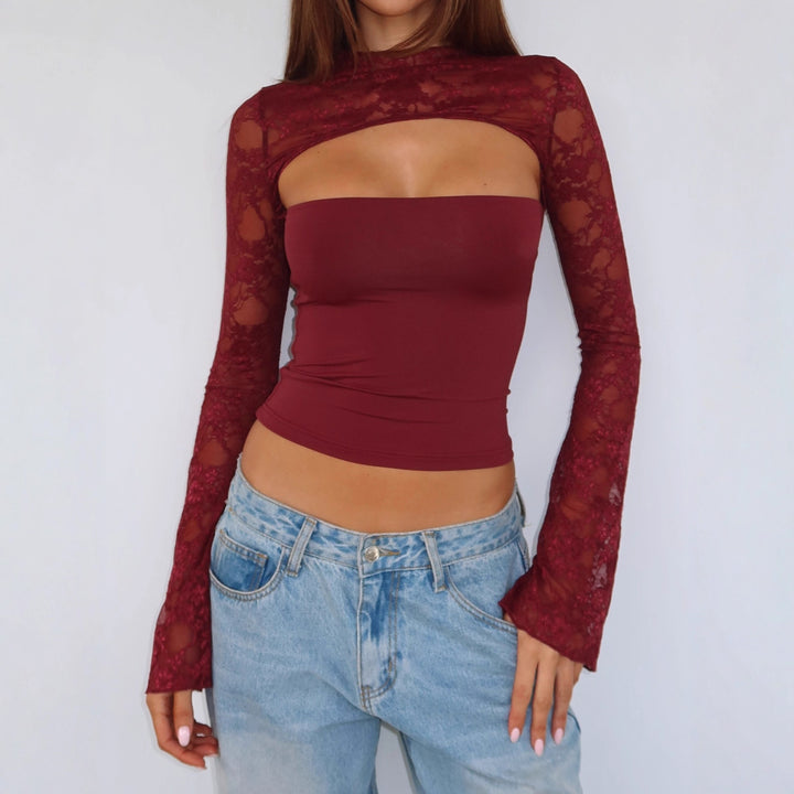 Damen Elegantes Oberteil mit transparenten Ärmeln und hochwertiger Spitze Drune