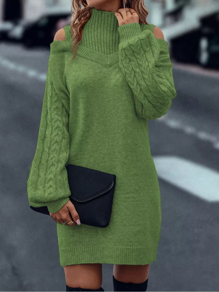 Damen Strickkleid mit hochgeschlossenem Kragen und offener Schulterpartie Drune
